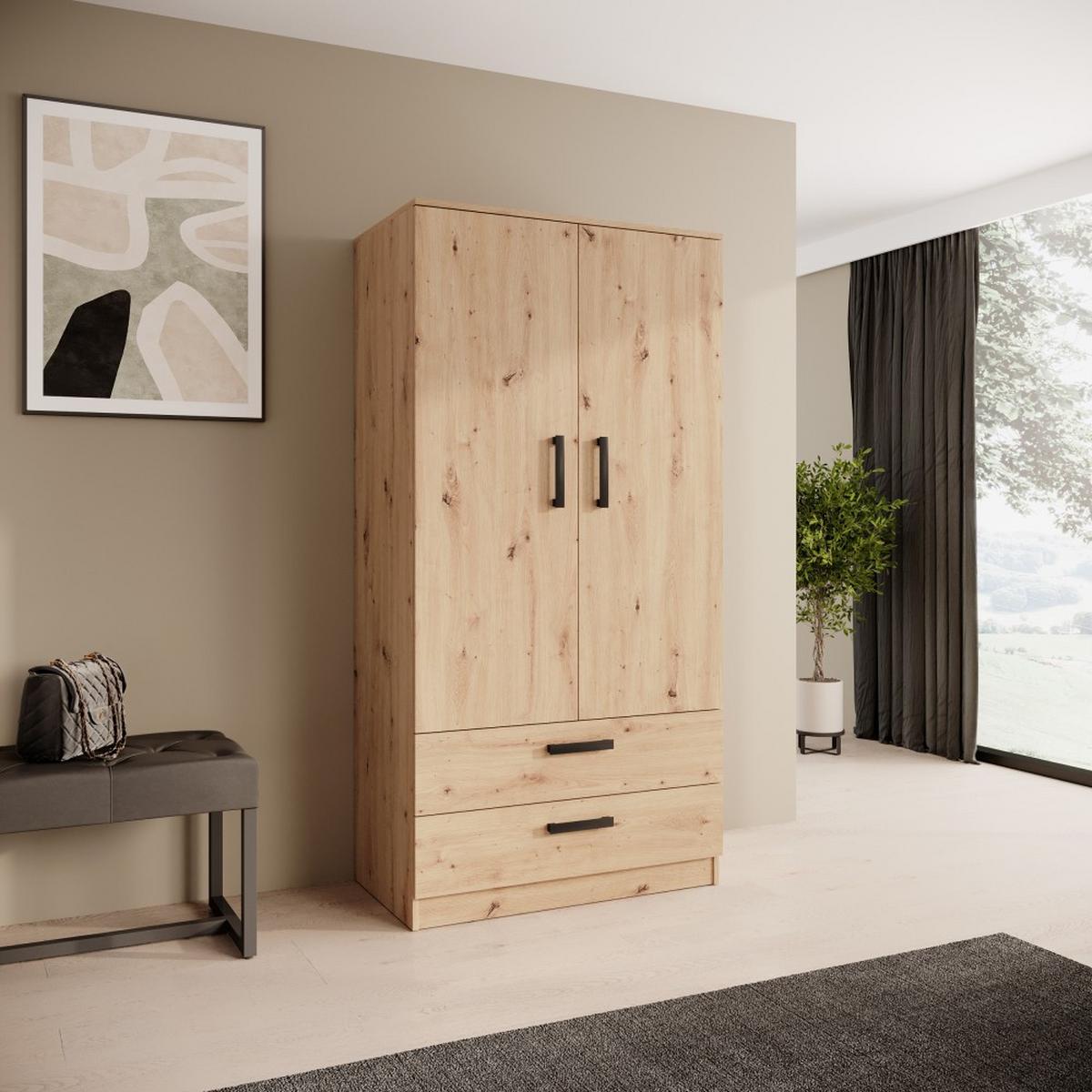 DREHTÜRENSCHRANK Trend, mit Schubladen, eiche Artisan - Schwarz/Eiche Artisan, Holzwerkstoff (90/180/50cm) - Beautysofa