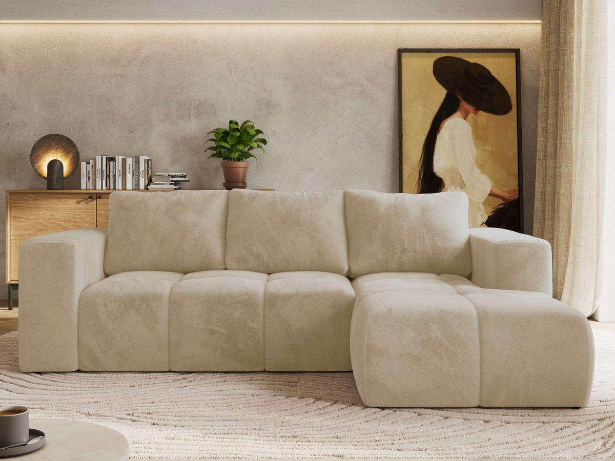 ECKSOFA MONIVA Creme Plüsch - Rechts - Creme/Schwarz, Kunststoff/Textil (266/164cm) - MKS