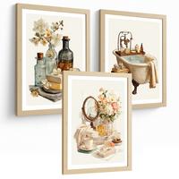 POSTER 3er-Set dekorative Badezimmer-Wandbilder und, Vintage-Stil für Waschbecken, Dusche, WC mit Badewanne, Blumen und Spiegel Leichter Holzrahmen A3 - Beige, Papier (42/29.7/3cm) - Nacnic