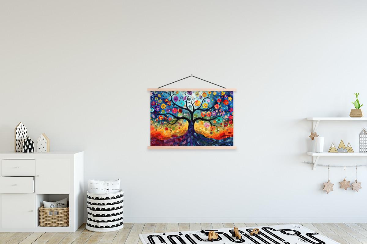 POSTER MIT MAGNETLEISTEN Kunst - Baum des Lebens - Blumen - Hippie Wanddeko 90x60 cm - Dunkelblau, Textil (90/60/0.15cm) - MuchoWow