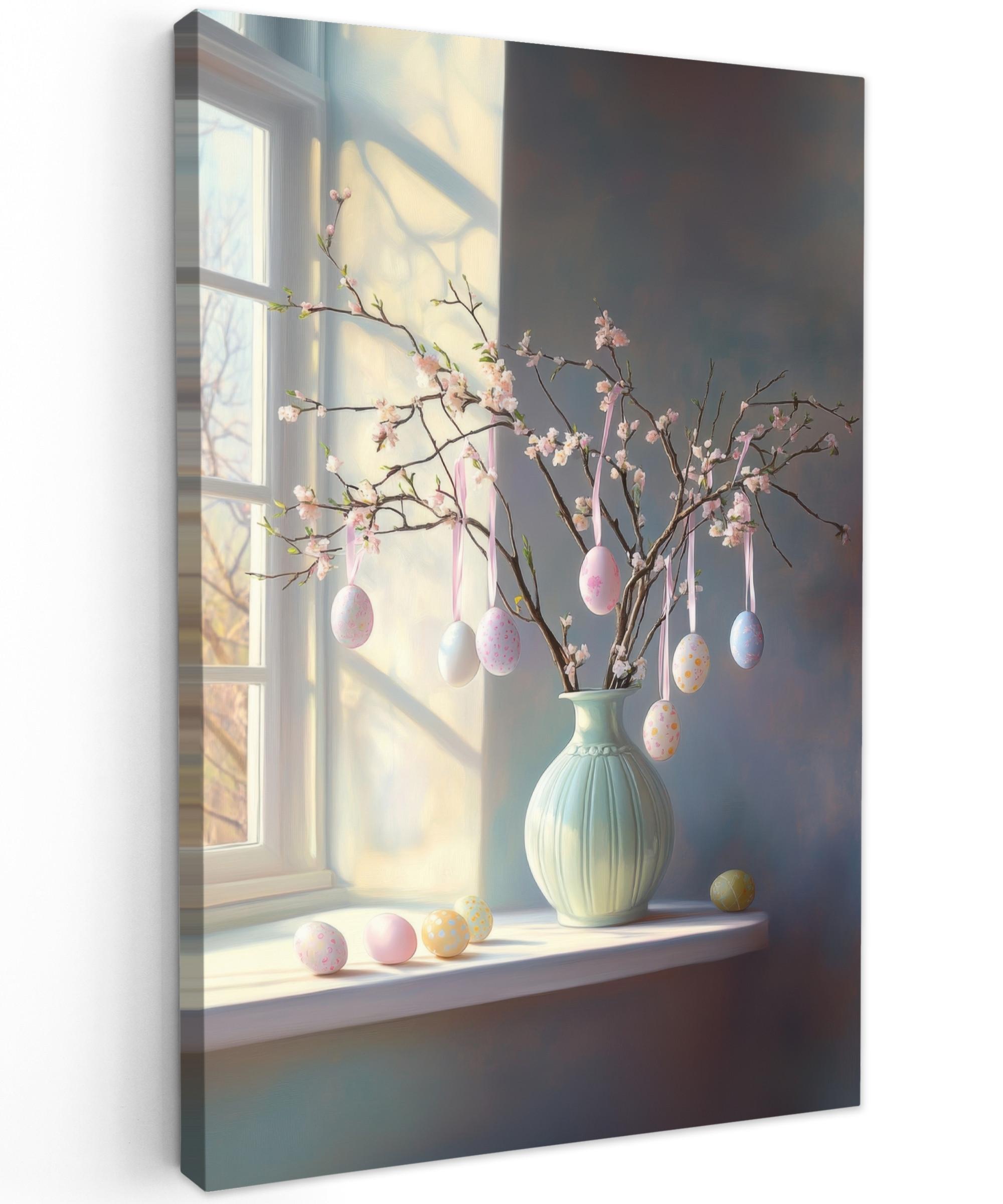 LEINWANDBILD Stillleben - Vase - Osterzweig Deko Wohnzimmer 20x30 cm - Hellblau, Textil (20/30cm) - MuchoWow