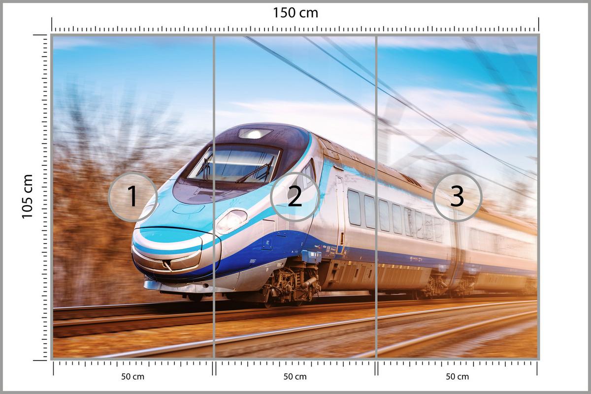 FOTOTAPETE für Wohnzimmer Moderner Zug Eisenbahnschienen 150x105 - Blau/Schwarz, Papier (150/105cm) - Muralo