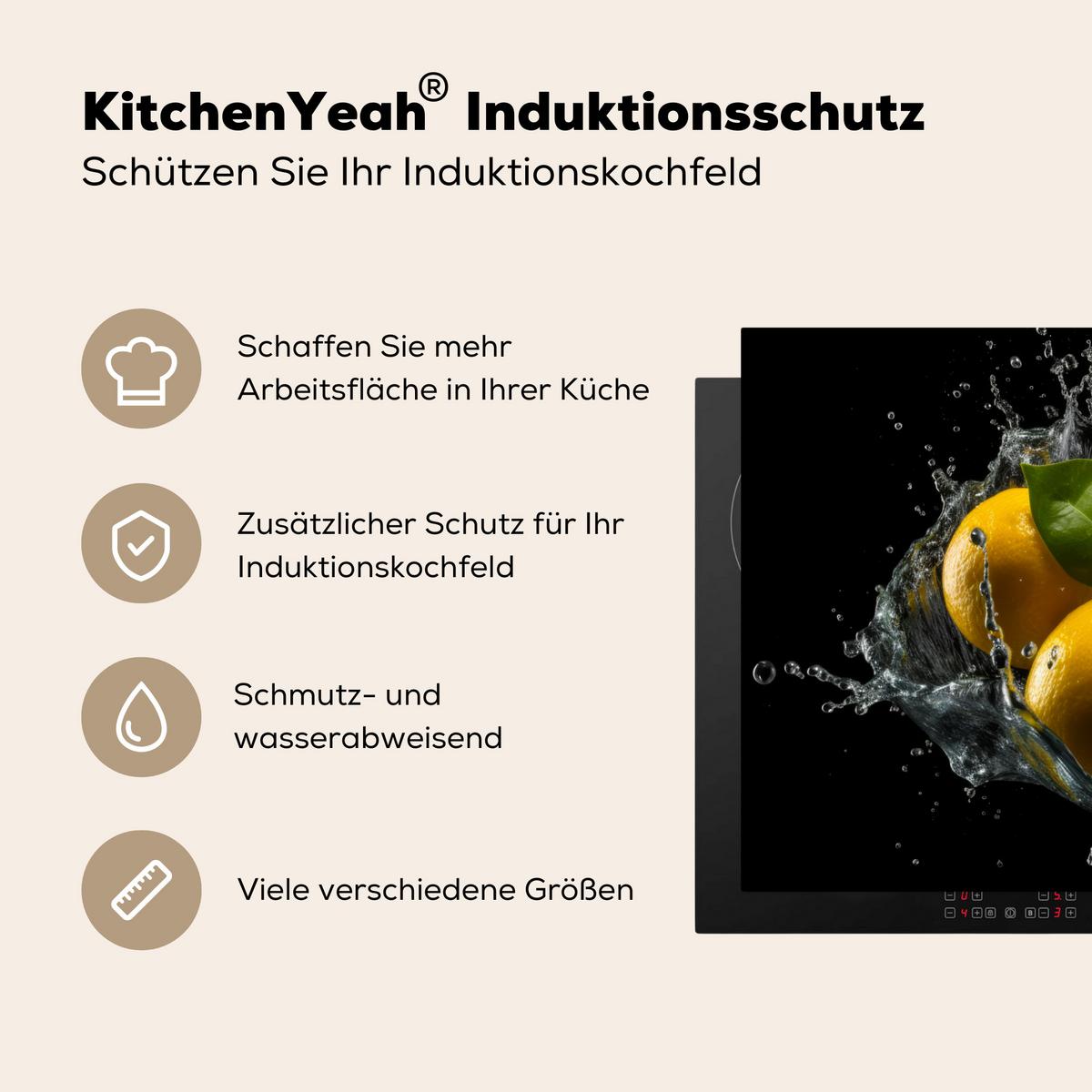 HERDABDECKPLATTE Zitrone - Obst - Gelb - Schwarz Induktionsmatte 83x51 cm - Gelb, Kunststoff (83/51.5/0.2cm) - MuchoWow