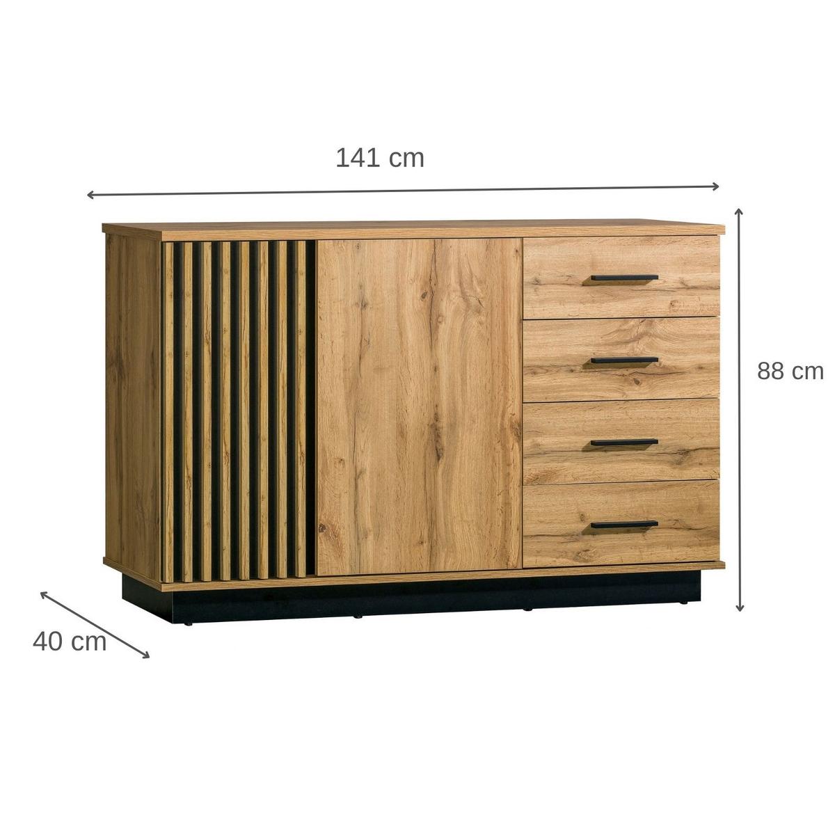 KOMMODE Lamelo mit 2 Türen und 4 Schubladen, Lamellenfront, 140 cm, Eiche Wotan - Eiche Wotan, Holzwerkstoff (141/88/40cm) - Beautysofa