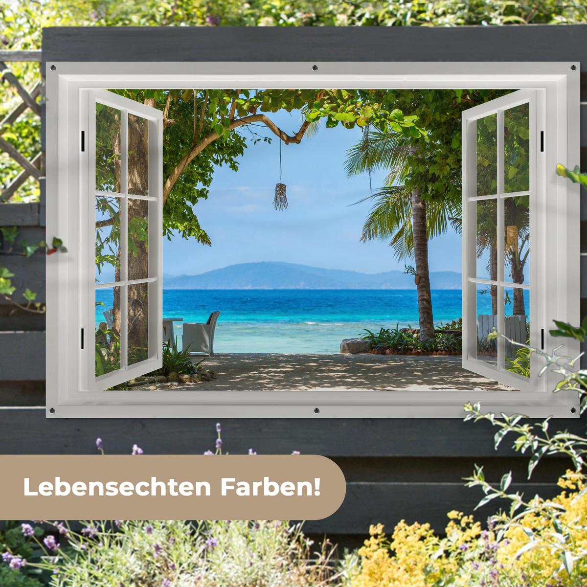 GARTENPOSTER Aussicht - Baum - Meer - Palme - Hügel - Strand - Blau Poster für draußen 180x120 cm - Weiß, Kunststoff (180/120/0.2cm) - OnlyWow
