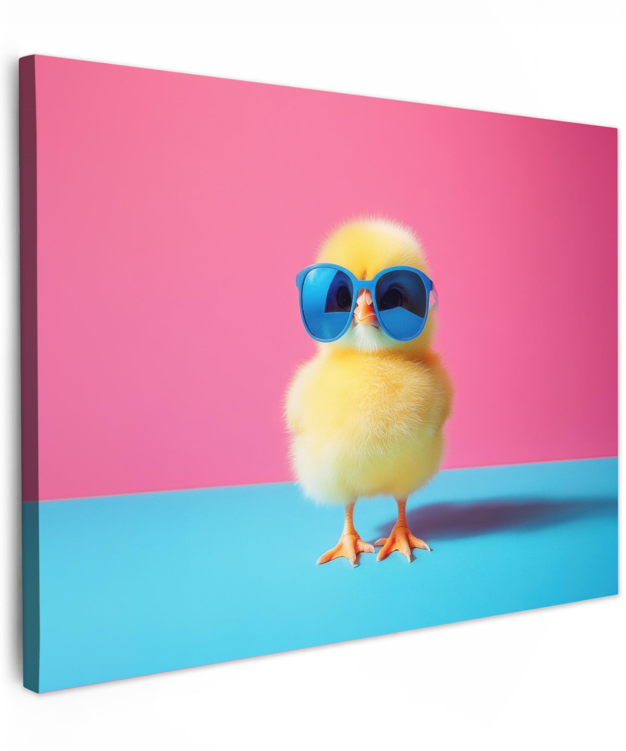 LEINWANDBILD Chick - Sonnenbrille - Blau Wandbilder 80x60 cm - Pink/Gelb, Textil (80/60cm) - MuchoWow
