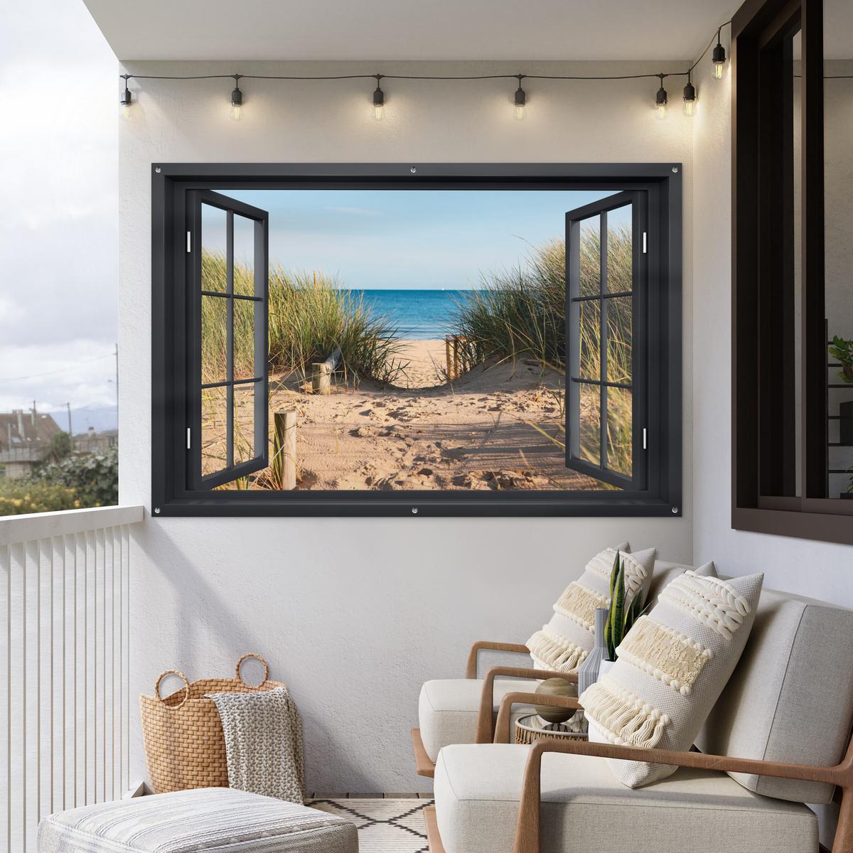 GARTENPOSTER Durchblick - Strand - Meer - Sand - Wasser - Strandhafer - Dünen Poster für draußen 180x120 cm - Sandfarben, Kunststoff (180/120/0.2cm) - OnlyWow