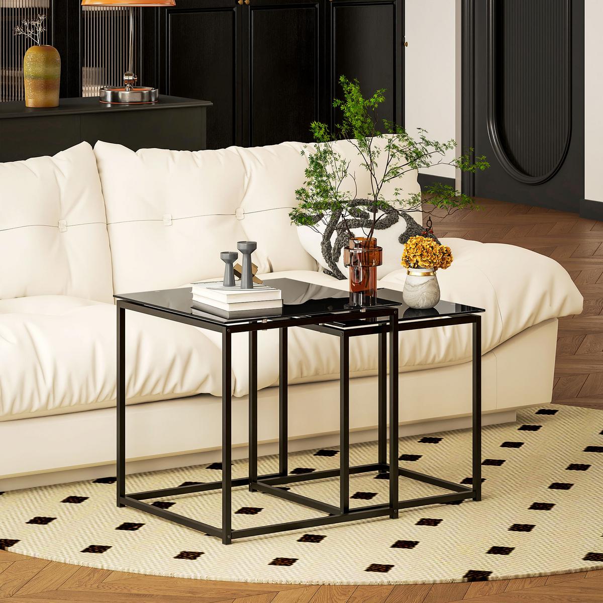 BEISTELLTISCH-SET, Stahl, Glas, Schwarz - Schwarz, Metall (50/50/52cm) - HOMCOM