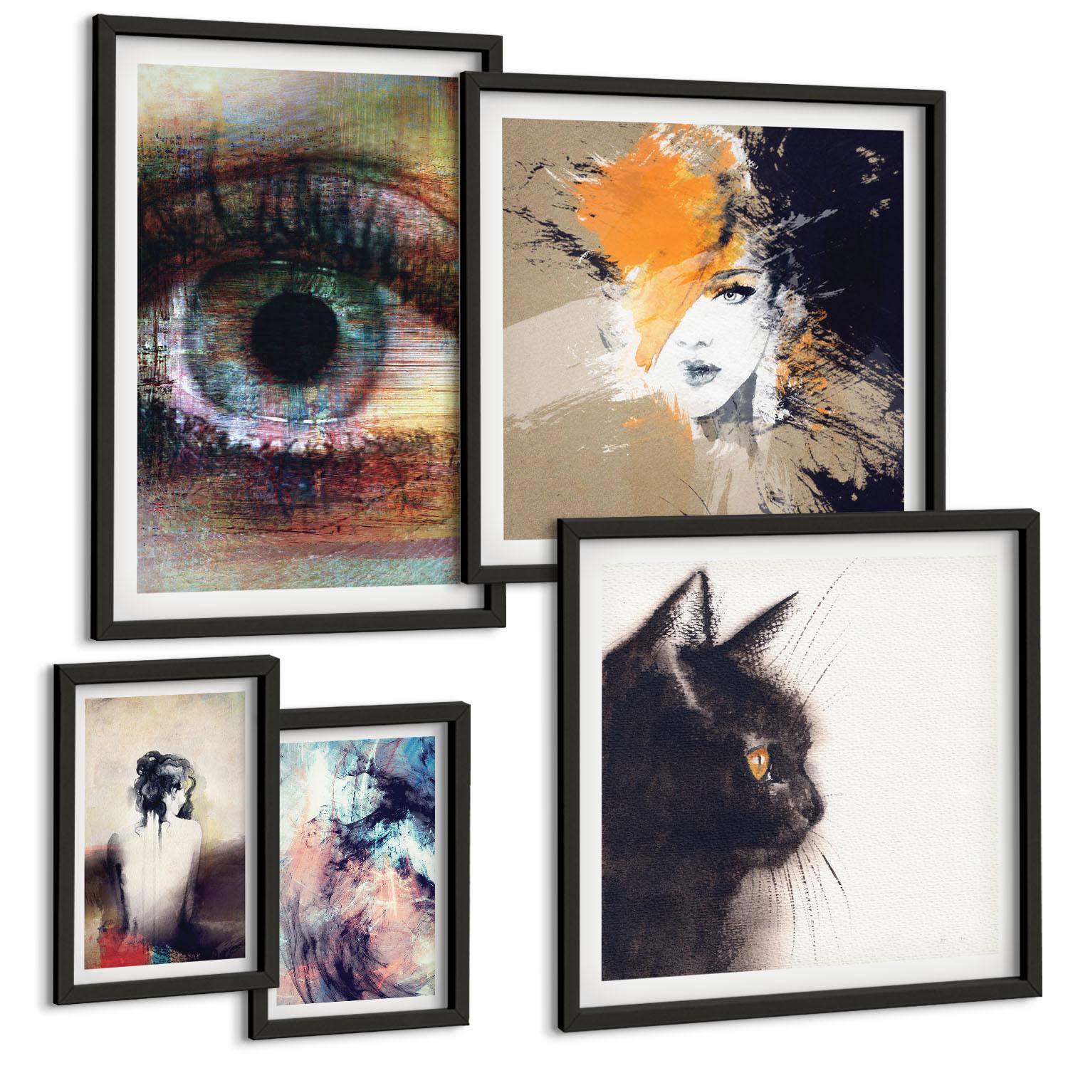 BILDER SET 5er Set - 50x50 cm & 20x30 cm & 40x60 cm Schwarzer Rahmen - Gelbgrau-braune Wellen - Schwarz, Kunststoff (40/60cm) - TULUP