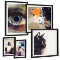 BILDER SET 5er Set - 50x50 cm & 20x30 cm & 40x60 cm Schwarzer Rahmen - Gelbgrau-braune Wellen - Schwarz, Kunststoff (40/60cm) - TULUP
