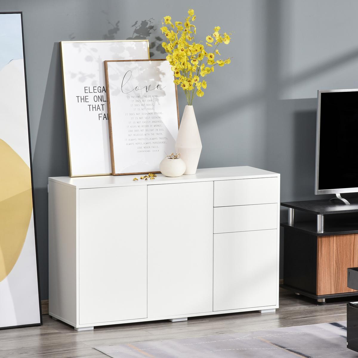 SIDEBOARD Aufbewahrungsschrank Mehrzweckschrank mit 2 Schublade 3 Türen Weiß - Weiß, Metall (36/74/117cm) - HOMCOM