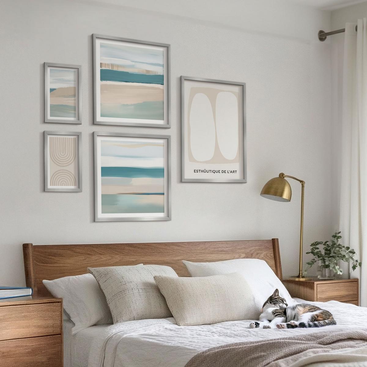 BILDER SET 5er Set - 50x50 cm & 20x30 cm & 40x60 cm Silberner Rahmen - Abstrakte blaue Landschaften - Silberfarben, Kunststoff (40/60cm) - TULUP