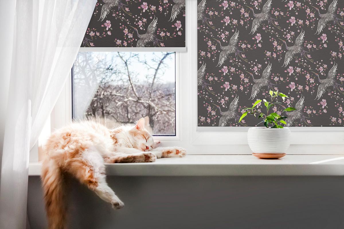 INNENROLLO - Fensterrollo - Rollo - 100x140 cm - Reiher und Blumen - Pink, Kunststoff (100/140/0.5cm) - TULUP