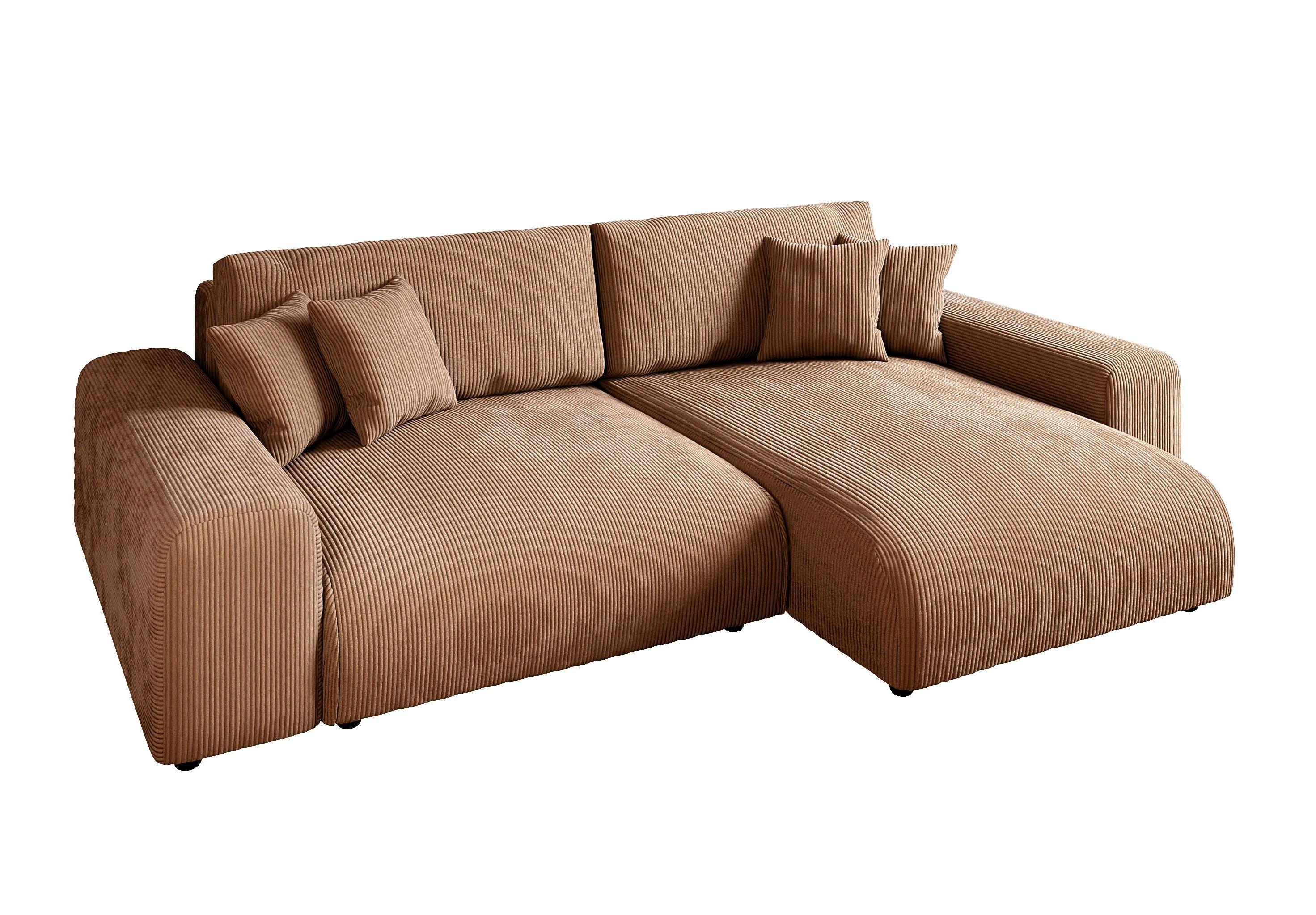 ECKSOFA mit Schlaffunktion, Bettkasten, Wellenunterfederung, seitenverkehrt montierbar B255/T165/H84 cm, Liegefl. 148x196 cm, Cord Hellbraun / 21002 - Hellbraun/Schwarz, Kunststoff/Textil (255/165cm) - luma-home