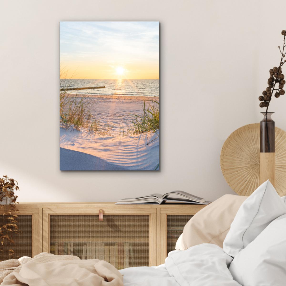 METALLBILD Strand - Sonne - Düne - Gras - Sand - Horizont Deko Schlafzimmer 40x60 cm - Hellblau, Metall (40/60cm) - MuchoWow