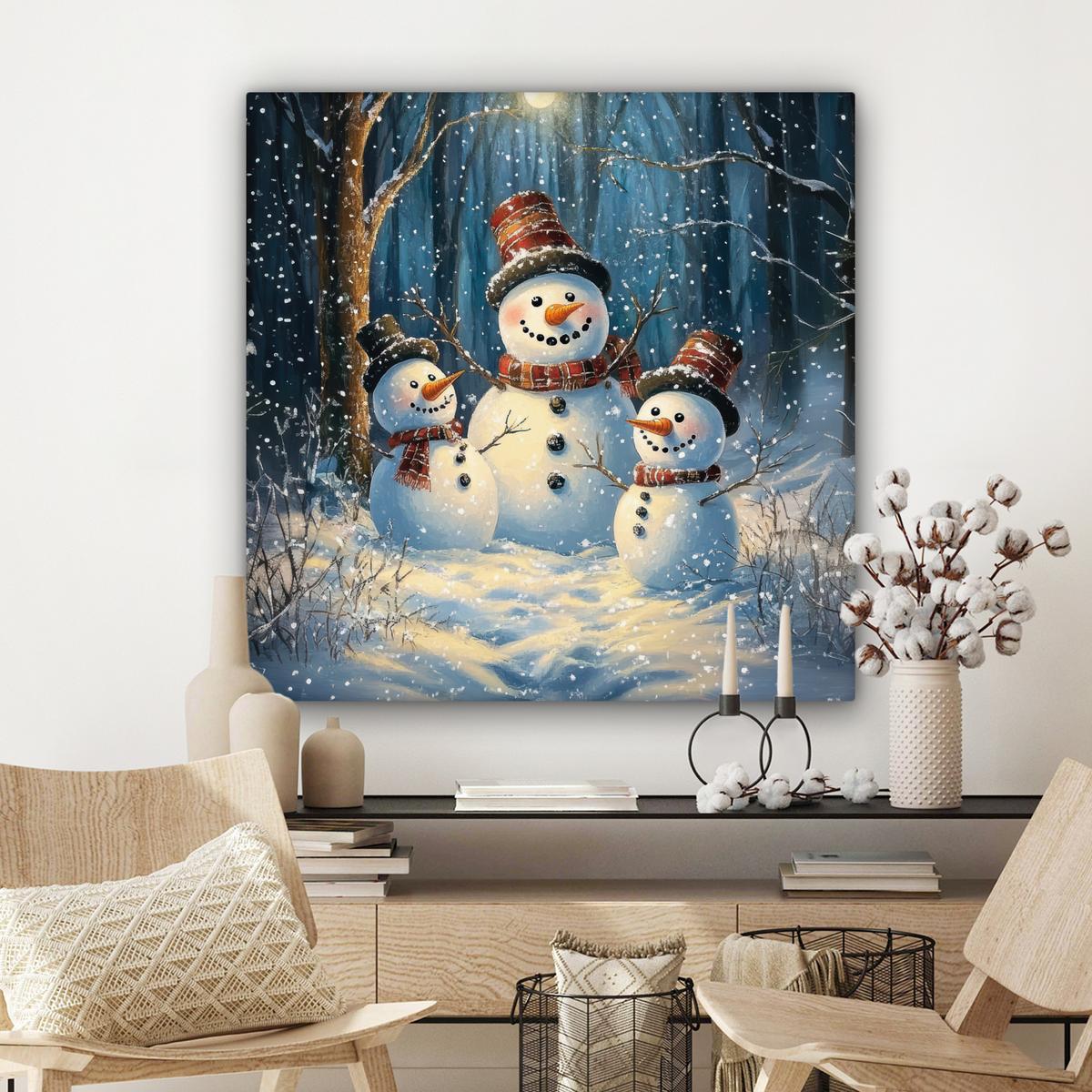 LEINWANDBILD Schneemann - Schnee - Winter - Wald Deko Groß 90x90 cm - Hellblau, Textil (90/90cm) - MuchoWow