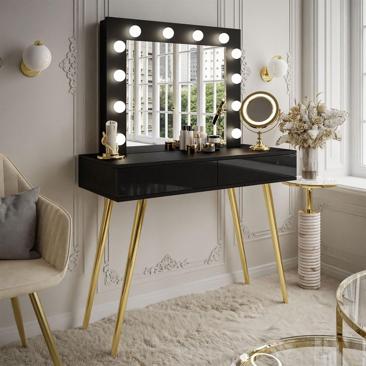 SCHMINKTISCH SIENNA GOLD mit Schubladen auf goldenen Beinen PUSH OPEN - Schwarz Hochglanz/Goldfarben, Holzwerkstoff (100/81/42cm)