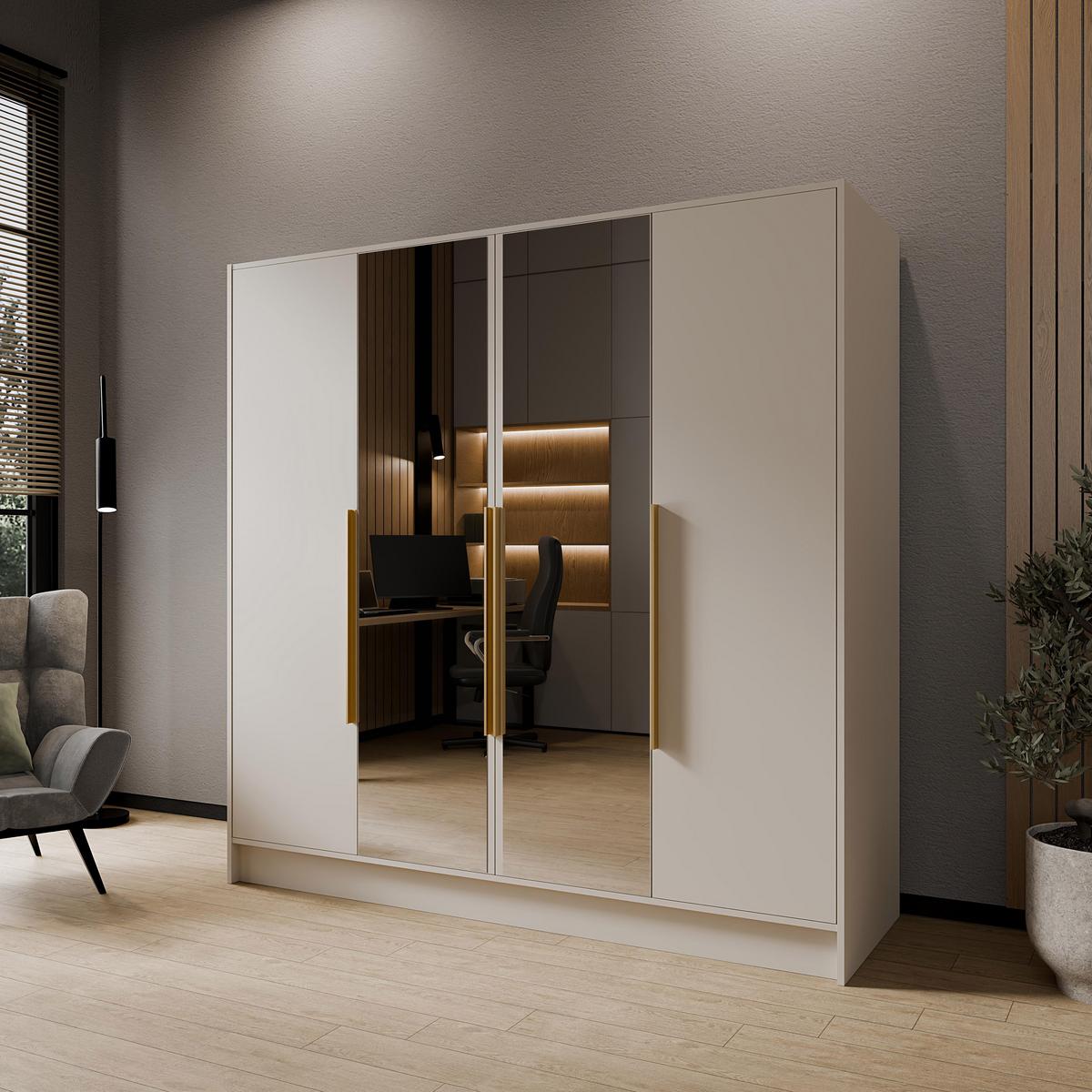DREHTÜRENSCHRANK Laro mit Spiegel, Kaschmir mit goldenen Griffen, 200 cm - Kaschmir, Holzwerkstoff (200/200/51cm) - Beautysofa