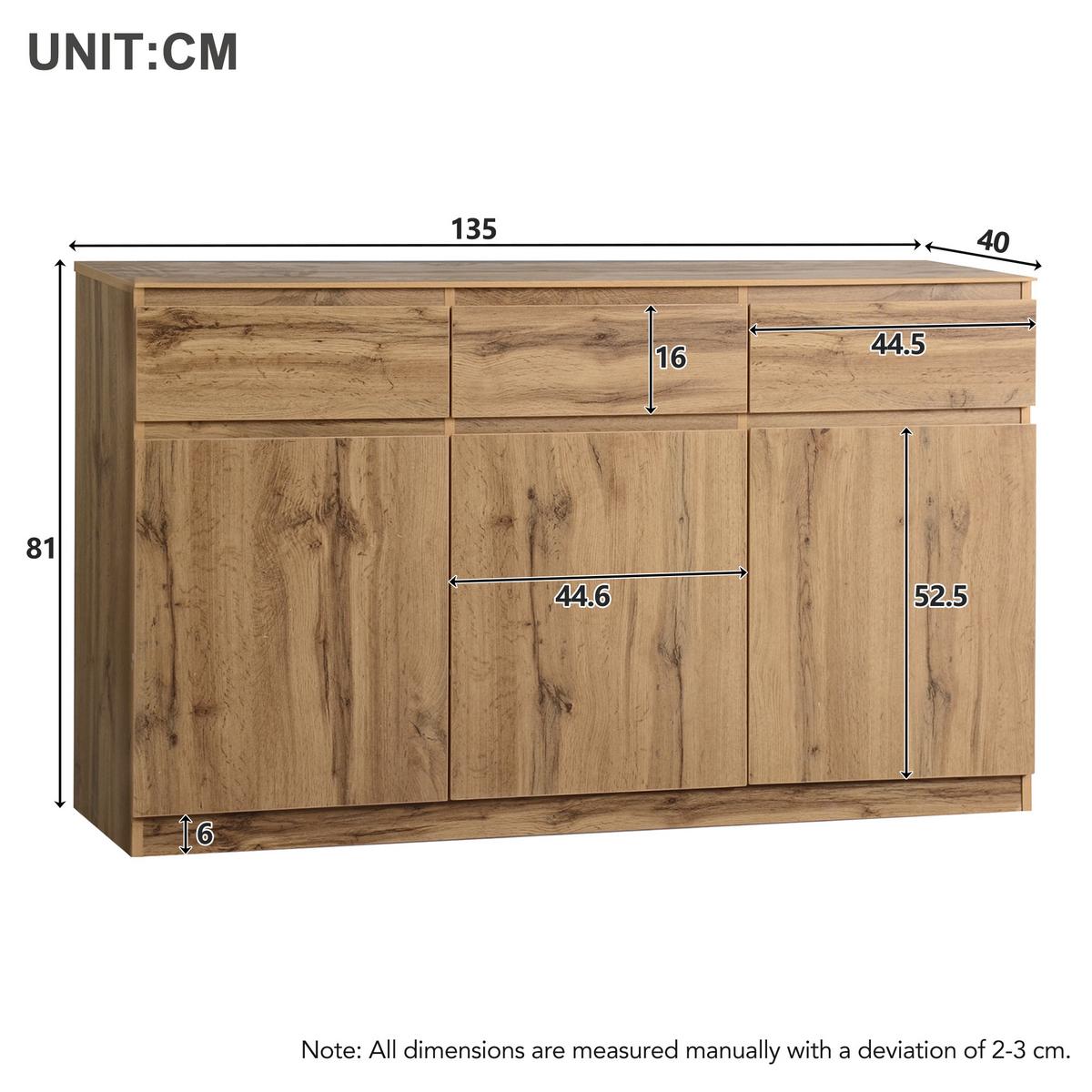 SIDEBOARD Holzoptik Natur 135cm mit 3 Türen & 3 Schubladen - Naturfarben, Holzwerkstoff (135/81/40cm) - Urban Meuble