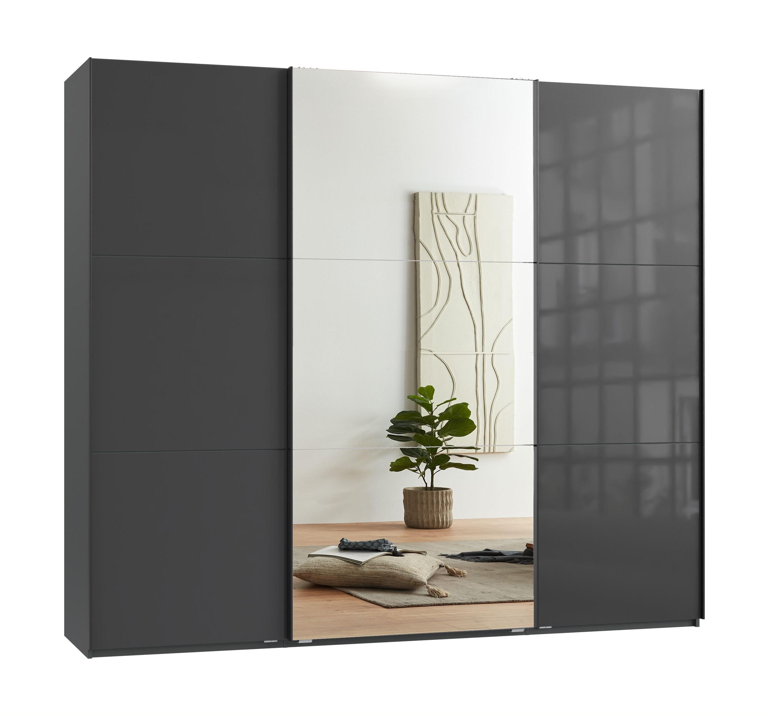 SCHWEBETÜRENSCHRANK 3-türig B250/H216/T65 cm in Anthrazit mit Glasfront, eine Spiegeltür, Kleiderschrank inkl. Vollausstattung / 22035 - Eichefarben/Anthrazit, Holzwerkstoff/Metall (250/216/65cm) - luma-home
