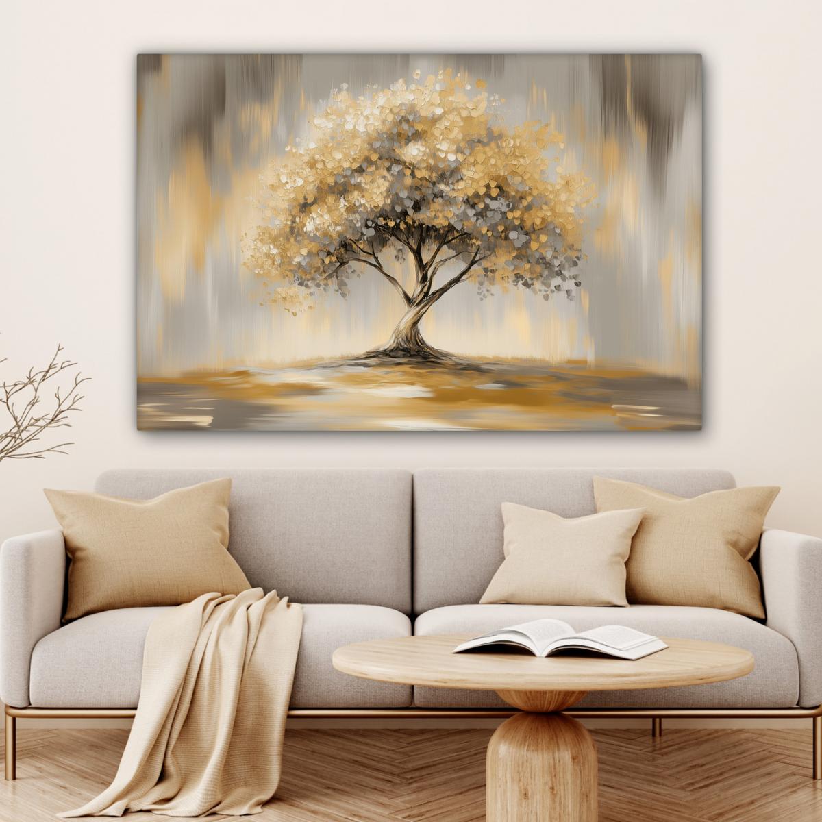 LEINWANDBILD Gemälde - Baum - Abstrakt - Blätter Wohnzimmer Groß 120x80 cm - Beige, Textil (120/80cm) - MuchoWow