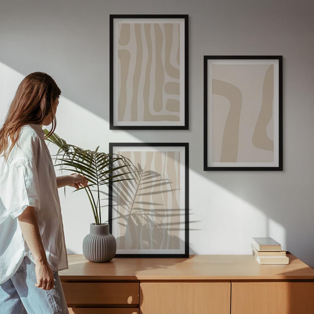 BILDER SET 3er Set - 40x60 cm Schwarzer Rahmen - Abstrakte Boho-Muster - Schwarz, Kunststoff (40/60cm) - TULUP