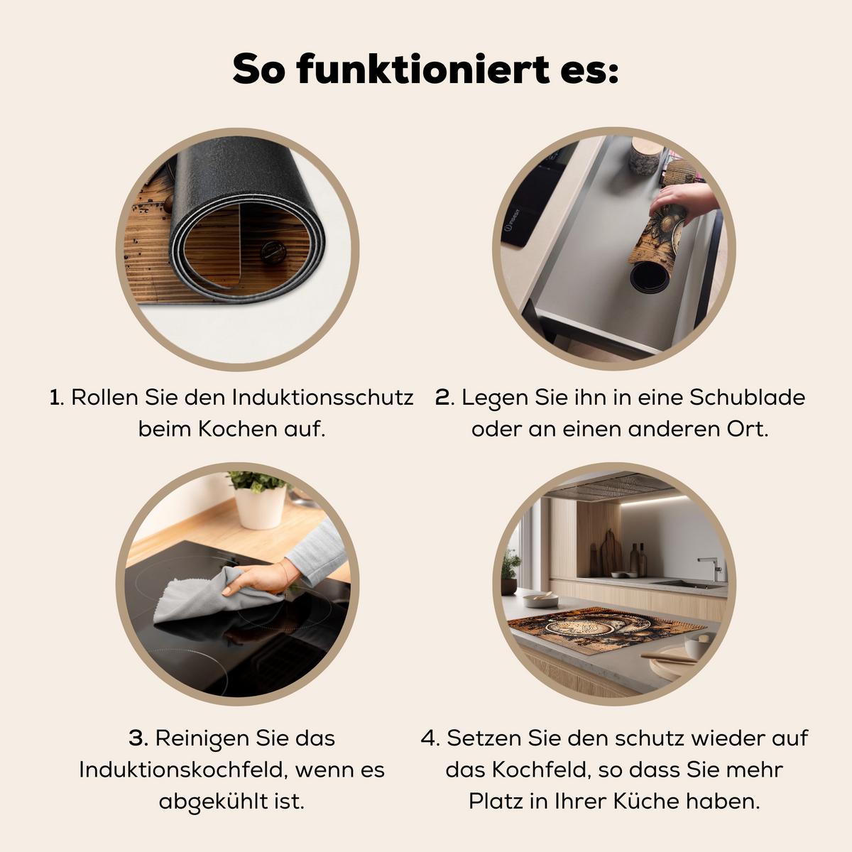 HERDABDECKPLATTE Kaffee - Vintage - Braun - Tasse - Holz Induktionsmatte 77x59 cm - Cappuccino, Kunststoff (77/59/0.2cm) - MuchoWow