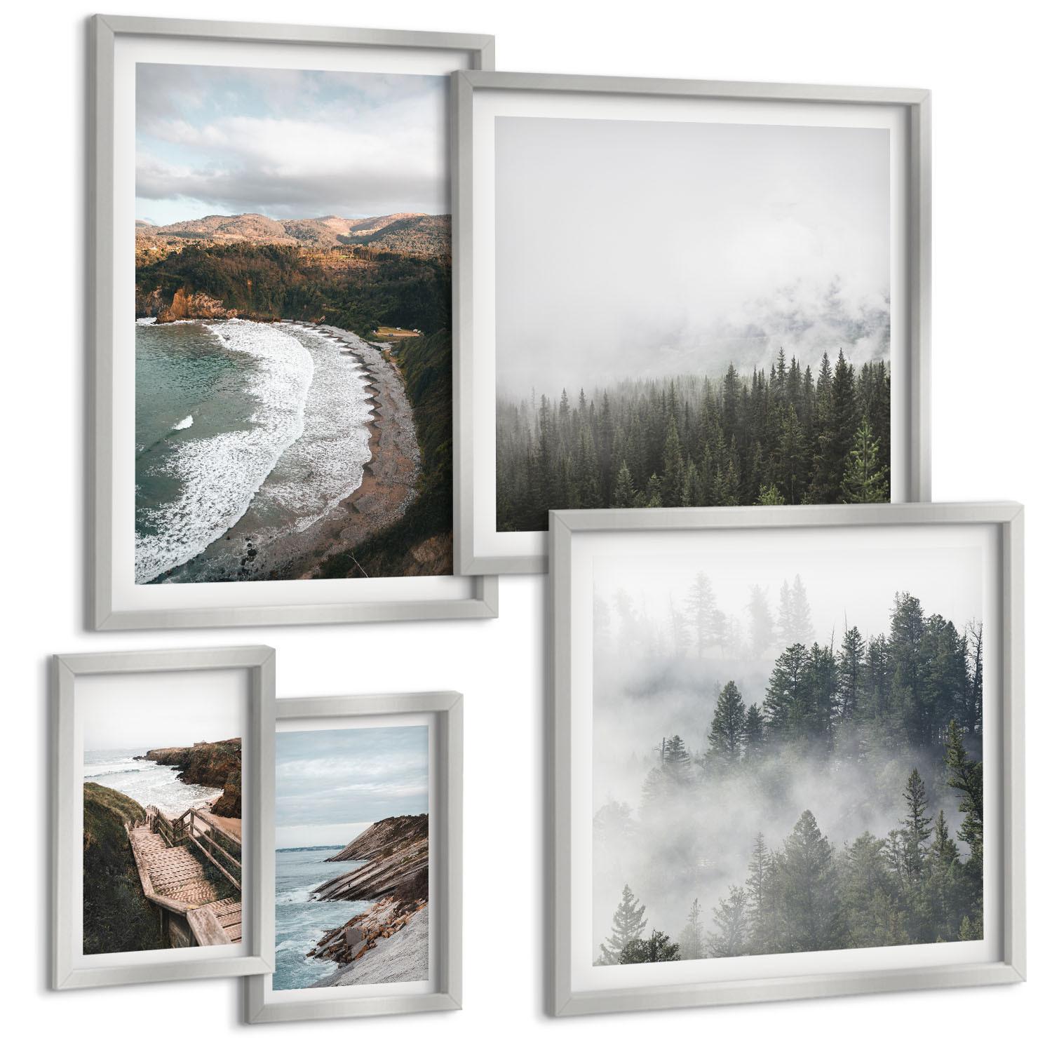 BILDER SET 5er Set - 50x50 cm & 20x30 cm & 40x60 cm Silberner Rahmen - Klippenblicke, Strandlandschaften - Silberfarben, Kunststoff (40/60cm) - TULUP