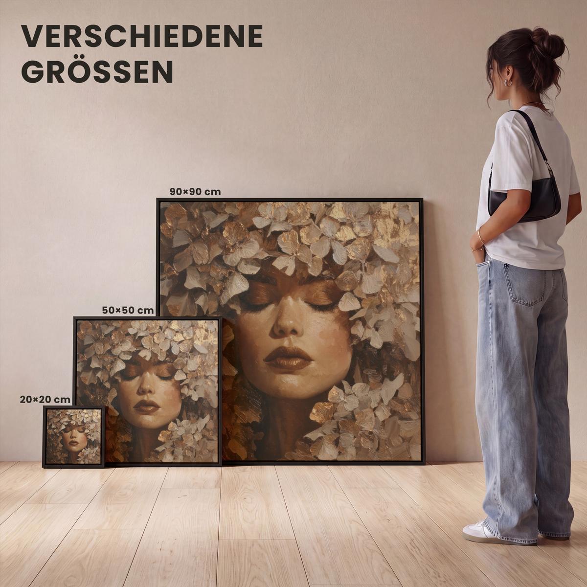LEINWAND Bilder mit Rahmen - Gesicht - Dame - Blätter - Pinselstriche - 50x50 - Goldfarben, Textil (50/50cm) - MuchoWow