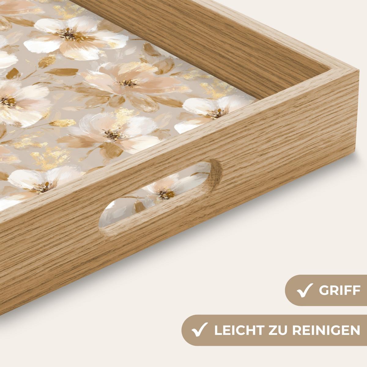 TABLETT Blumen - künstlerisch - Gold 40x30 cm - Beige, Holz (40/5/5cm) - OnlyWow