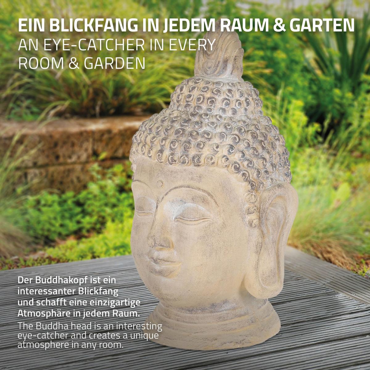 BUDDHA KOPF STATUE 55 cm Beige/Grau aus Polyresin - Beige, Kunststoff (30/55/30cm) - ECD-Germany