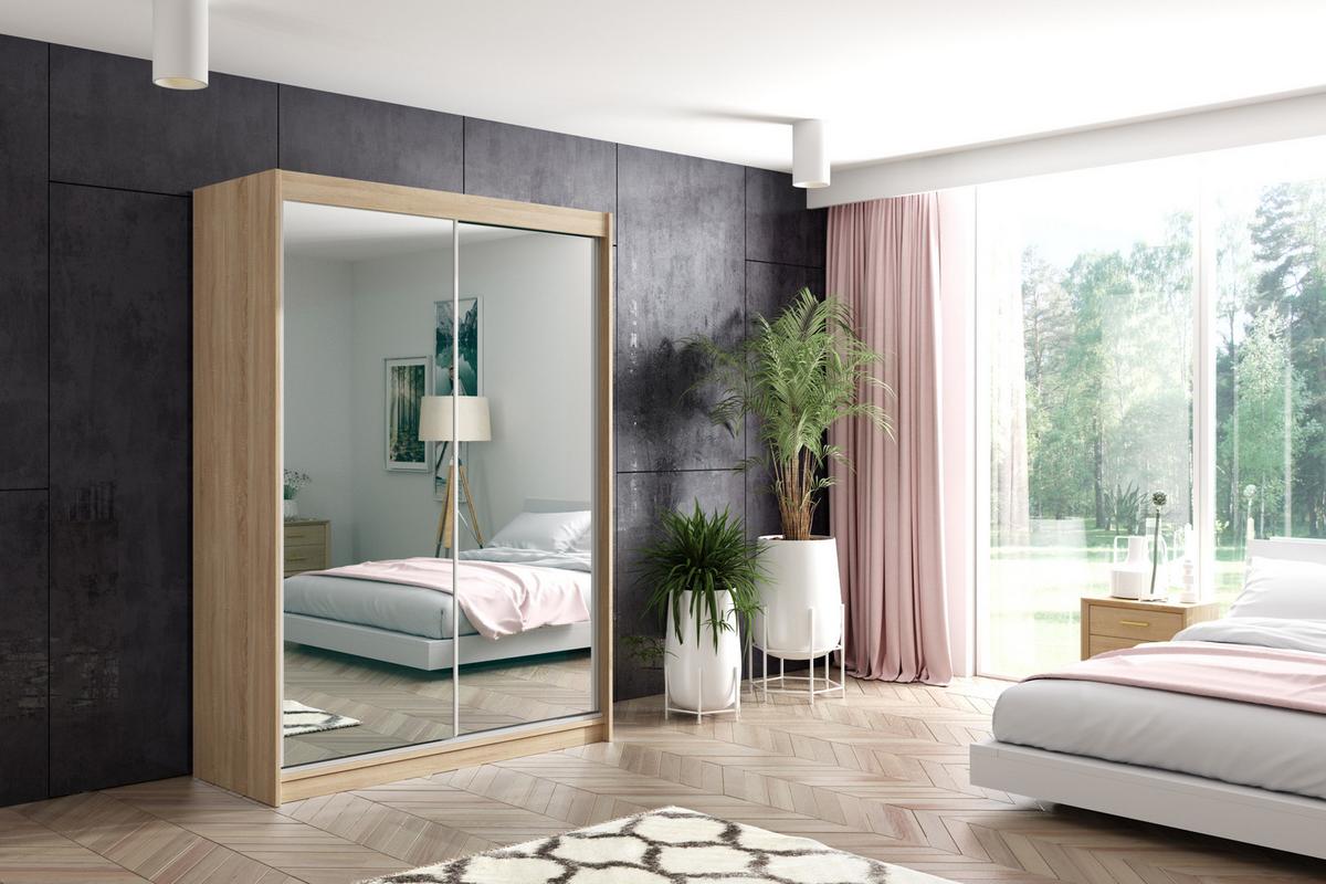 KLEIDERSCHRANK mit Spiegel-Schiebetüren und Aluminium-Leisten, LED-Beleuchtung - DEBI - 120 cm Sonoma - Sonoma Eiche, Holzwerkstoff (120/216/61cm) - ALTDECOR