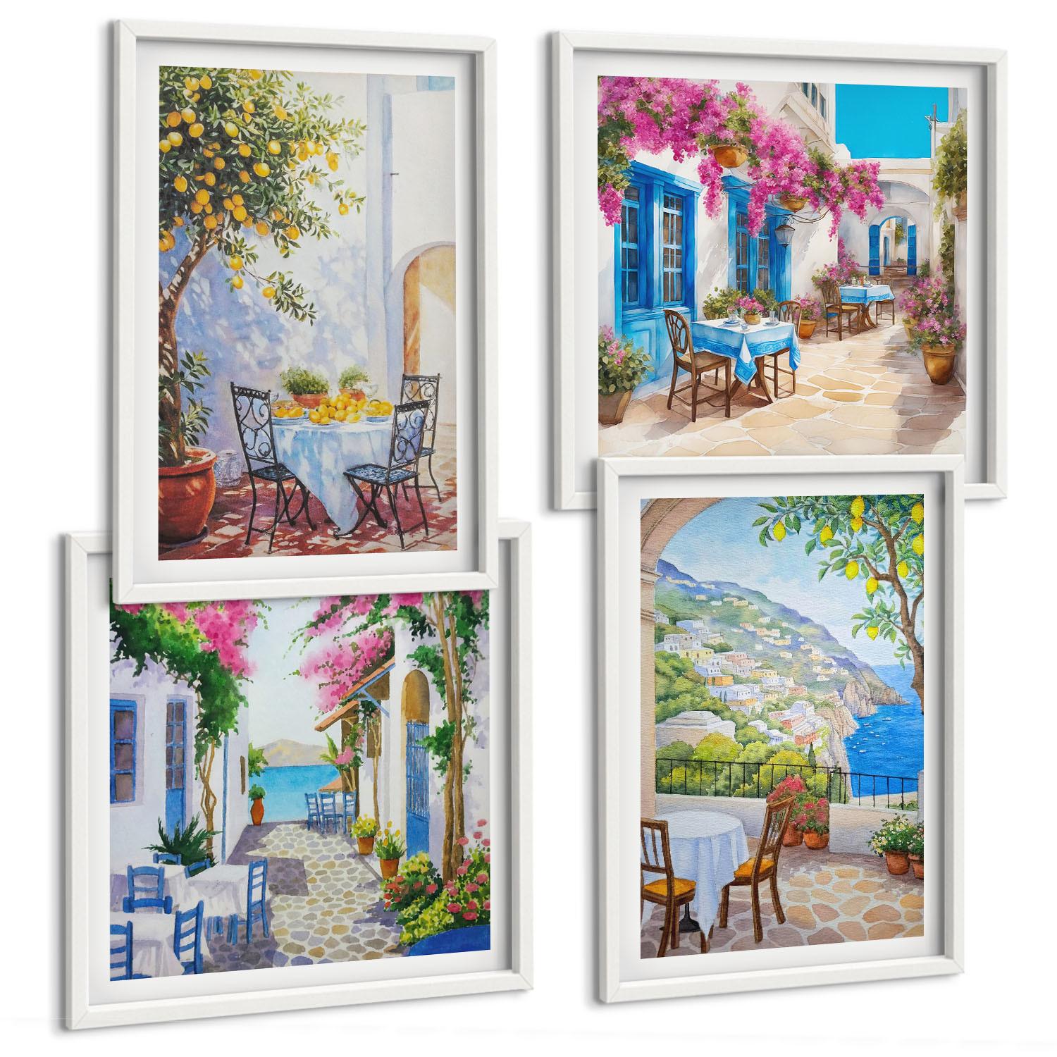 BILDER SET 4er Set - 50x50 cm & 40x60 cm Weißer Rahmen - Charmante Straßen mit Pflanzen - Weiß, Kunststoff (50/50cm) - TULUP
