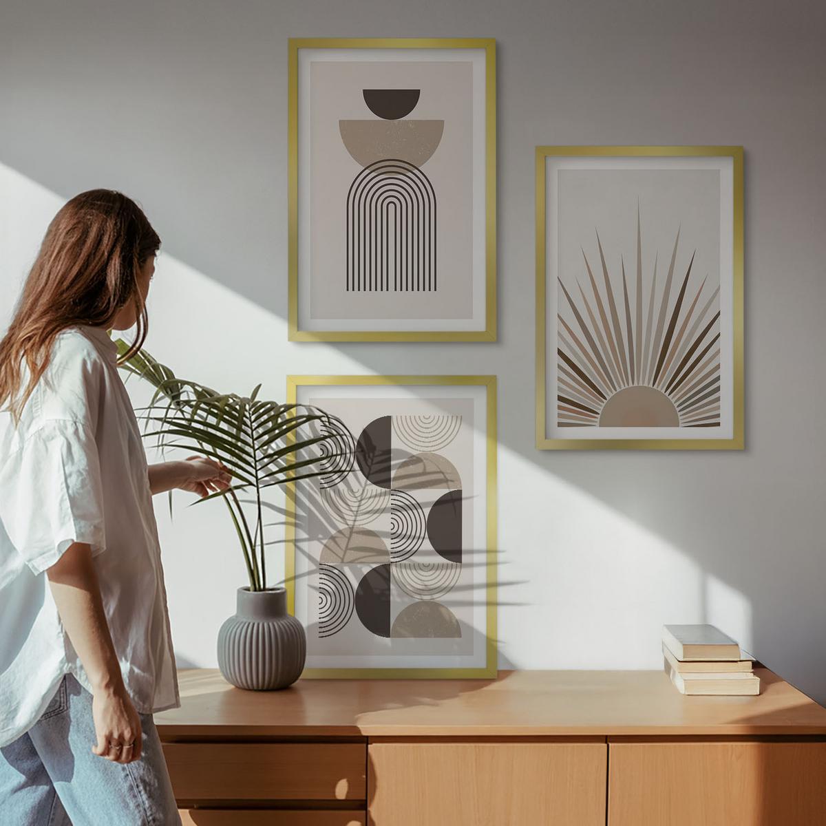 BILDER SET 3er Set - 40x60 cm Goldrahmen - Abstrakte Formen beige braun - Goldfarben, Kunststoff (40/60cm) - TULUP
