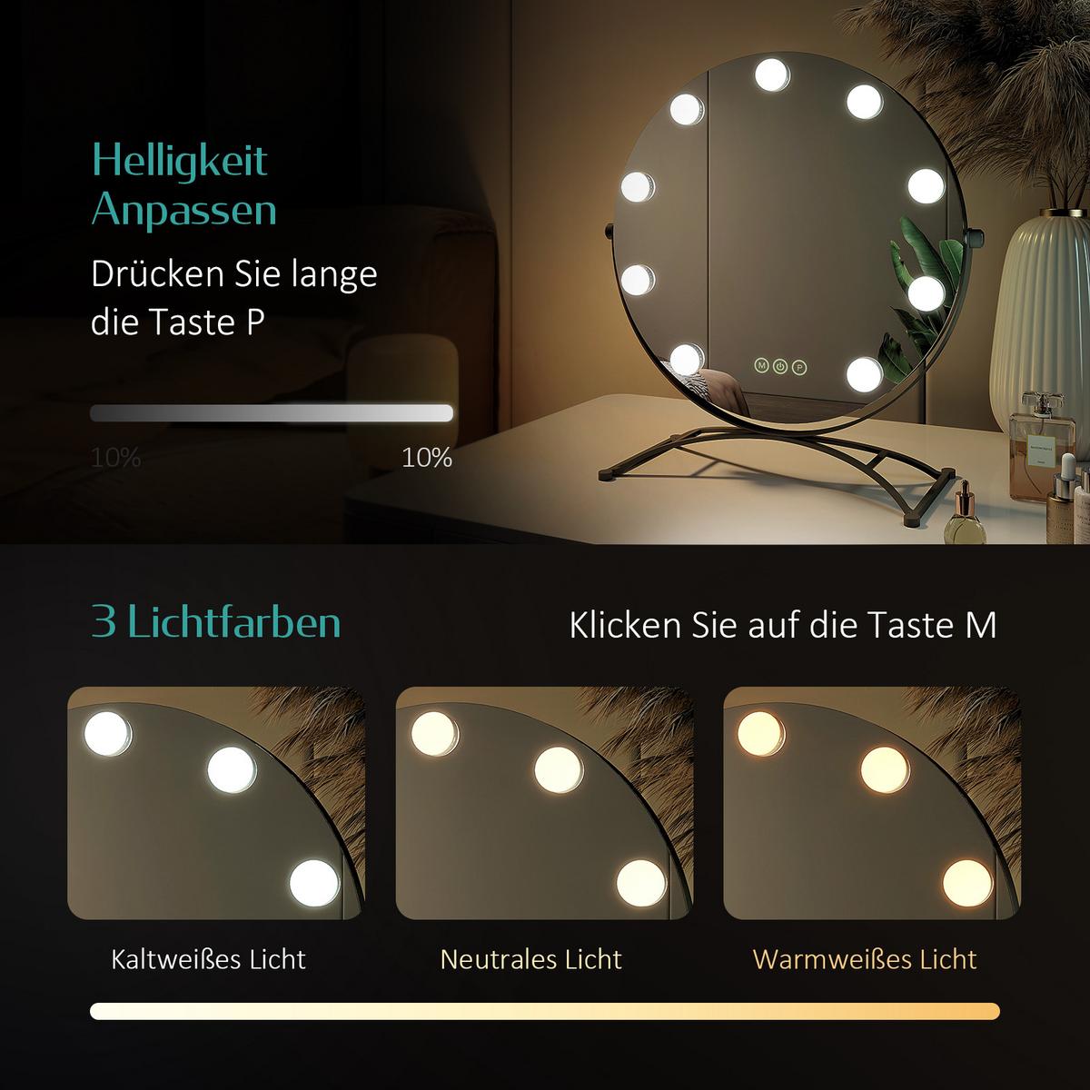SCHMINKSPIEGEL mit Beleuchtung Schwarz ф40 cm - Schwarz, Glas (40/47/2.72cm) - EMKE