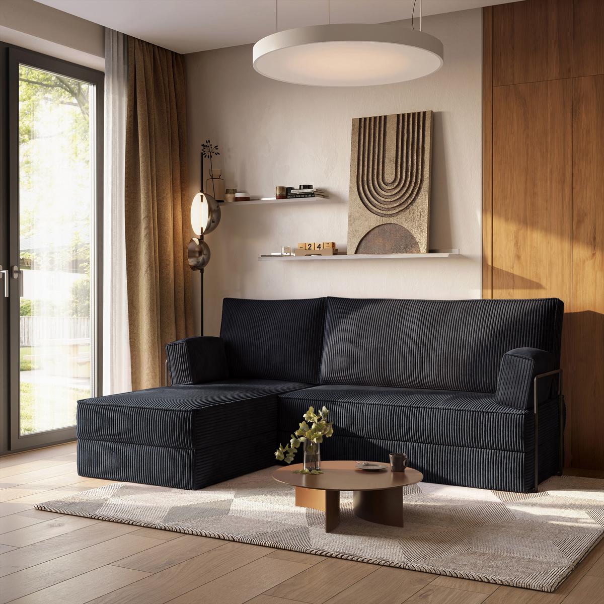 ECKSOFA NOTIA modulares Boneless Sofa mit Schlaffunktion Schwarz Kordstoff - Schwarz, Textil (200/120cm) - MASSENO