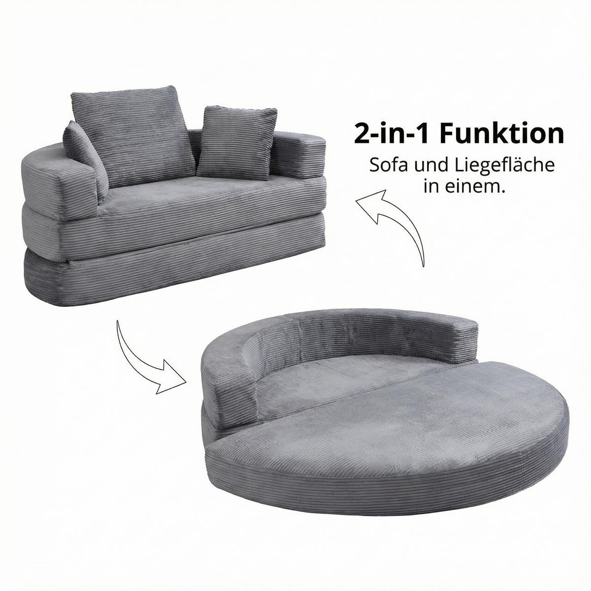 SOFABETT Klappbares Gästebett & Modulares Sofa aus weichem Cord-Stoff - Grau, Textil (173/40/176cm) - Urban Meuble