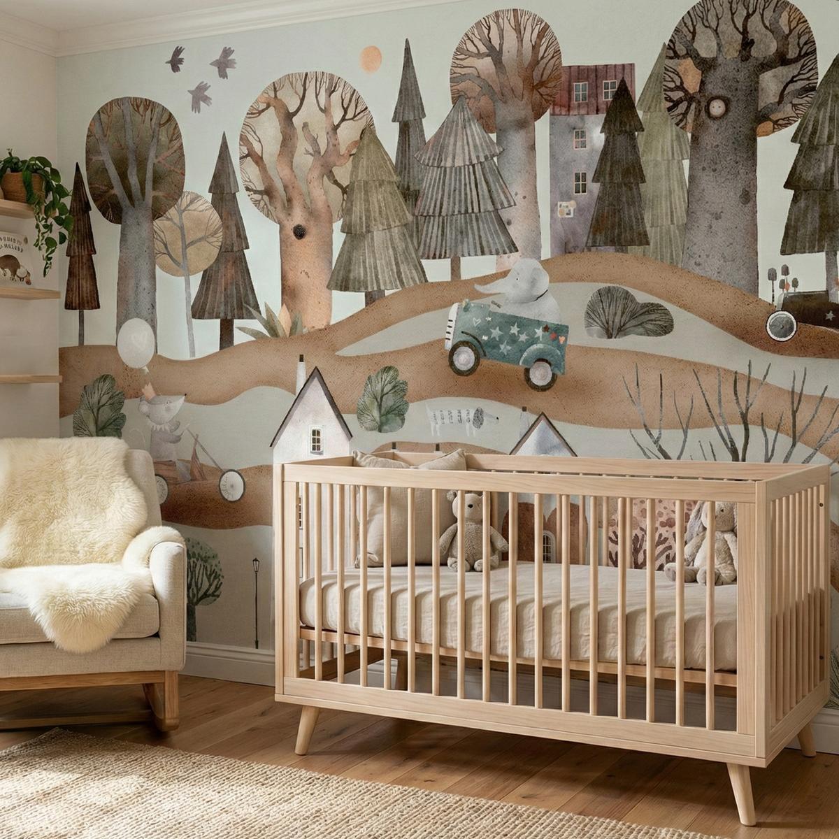 FOTOTAPETE für Kinderzimmer Fantastische Stadt Häuser Wald Tiere Autos 300x210 - Beige/Braun, Papier (300/210cm) - Muralo