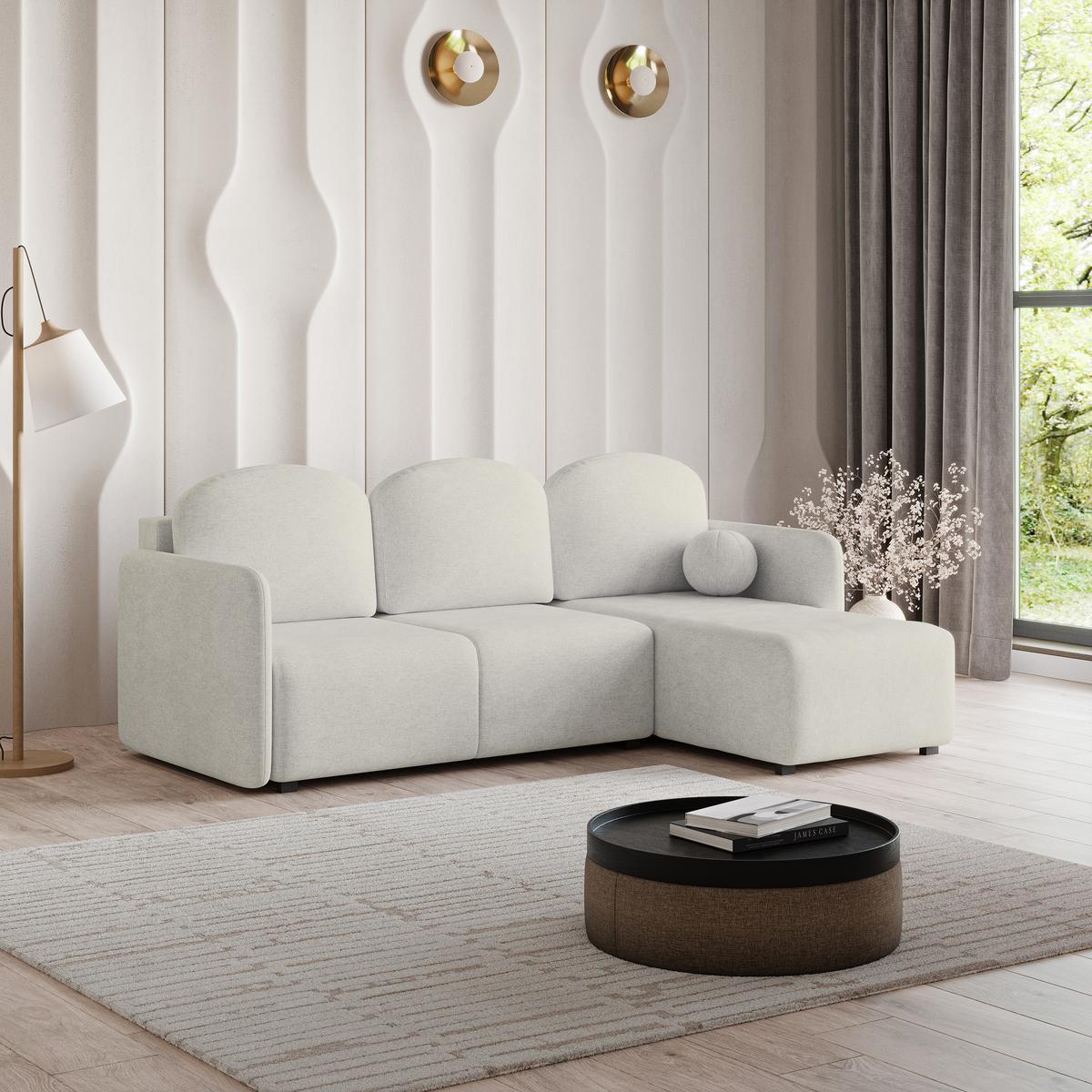ECKSOFA SUVINO Creme Geflochtener Stoff mit Schlaffunktion - Creme, Holz (230/143cm) - MASSENO
