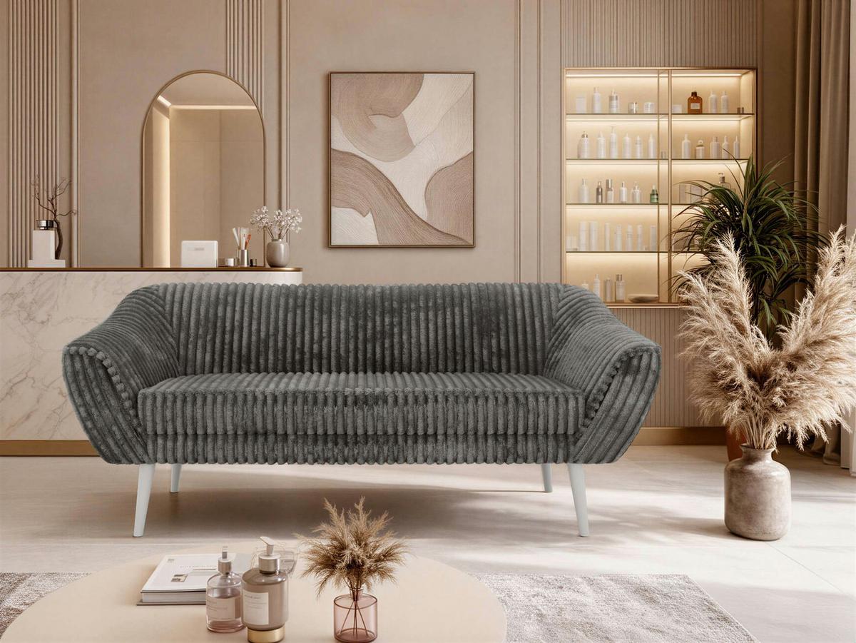 3-SITZER-SOFA PIRS - Grau Cord - Weiße Beine - Weiß/Grau, Holzwerkstoff/Textil (180/75/74cm) - MKS
