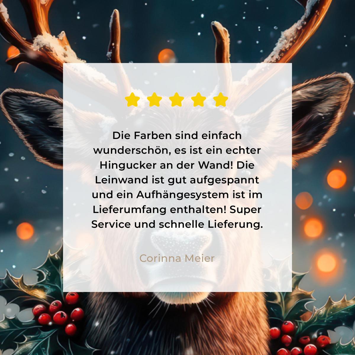 LEINWANDBILD Hirsch - Weihnachten - Winter - Schnee - Weihnachtskranz Wohnzimmer Groß 120x80 cm - Dunkelbraun, Textil (120/80cm) - MuchoWow