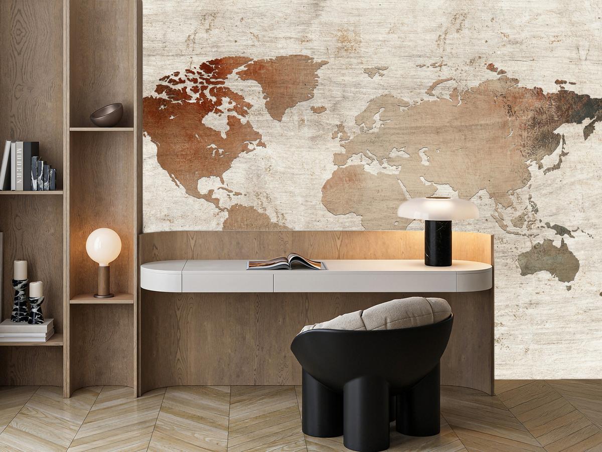 FOTOTAPETE für Wohnzimmer Vintage Karte Holz Hintergrund Retro 200x140 - Beige/Braun, Papier (200/140cm) - Muralo
