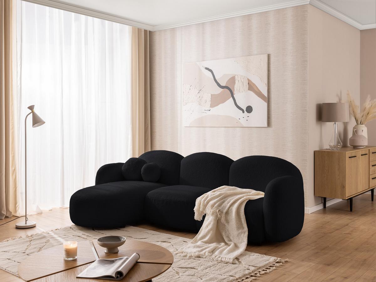 ECKSOFA Nuvola mit abgerundetem Design Schwarz Bouclé-Stoff - Ottomane Links - Schwarz, Holz/Kunststoff (268/146cm) - S-Style