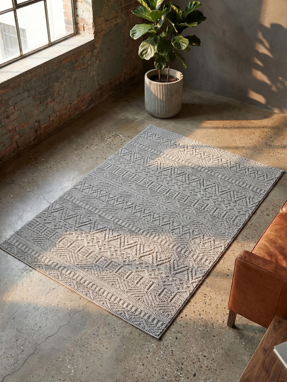 TEPPICH Flachgewebe LANGAU in Silber, mit Ethno-Streifen, 120 x 170 cm - Silberfarben, Textil (120/170cm) - KADIMA DESIGN