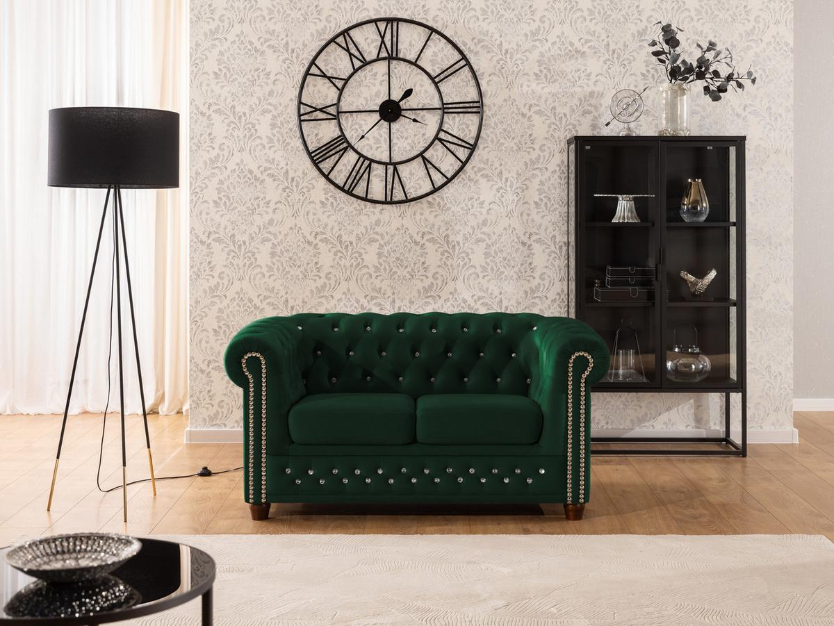CHESTERFIELD-SOFA 2-sitzer Cleo Blink Flasche Grün Samt mit Kristallsteppung und braunen Massivholzfüßen - Braun/Grün, Holz/Textil (148/72/86cm) - S-Style Möbel