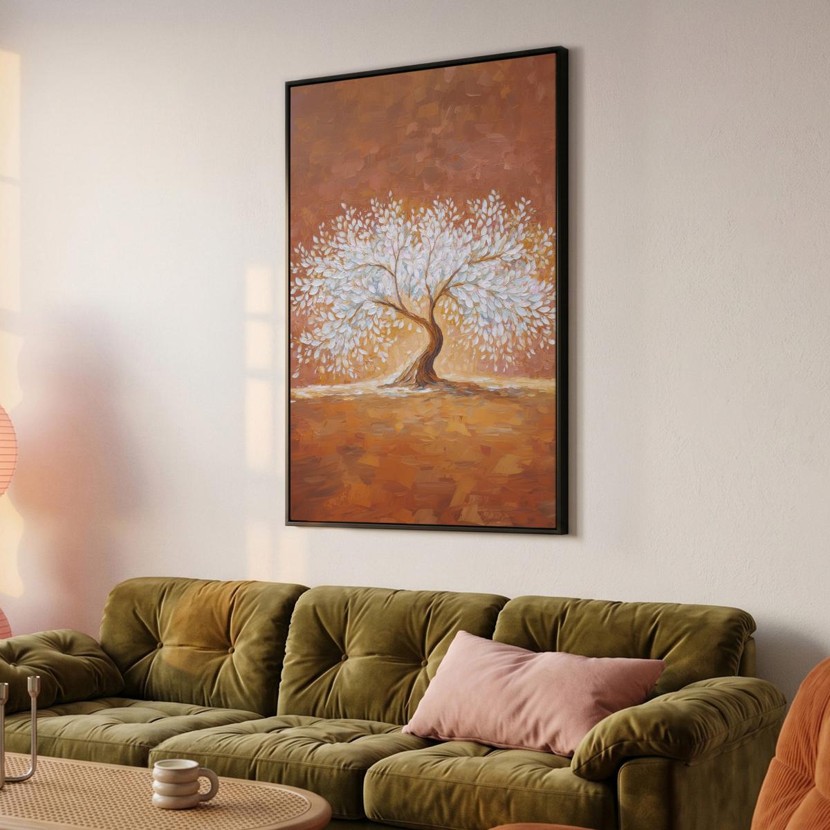 LEINWAND Bilder mit Rahmen - Abstrakt - Baum - Weiß - Blätter - 100x150 - Braun, Textil (100/150cm) - MuchoWow