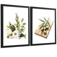 POSTER 2er Set Küchen-Wandbilder Knoblauch Kräuter und Oliven Mediterranes Aquarell Esszimmer Wanddeko Rahmenlos A3 - Schwarz, Papier (29.7/1/42cm) - Nacnic