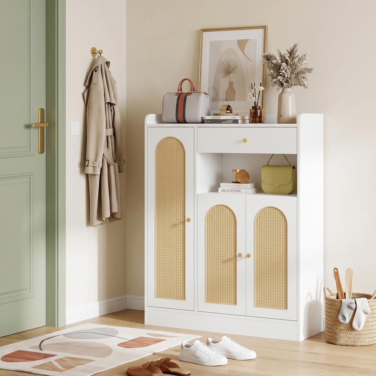 SCHUHESCHRANK Rattan Weiß & Natur Mit 3 Türen & 1 Schublade - Weiß, Holzwerkstoff (90/110/35cm) - Urban Meuble