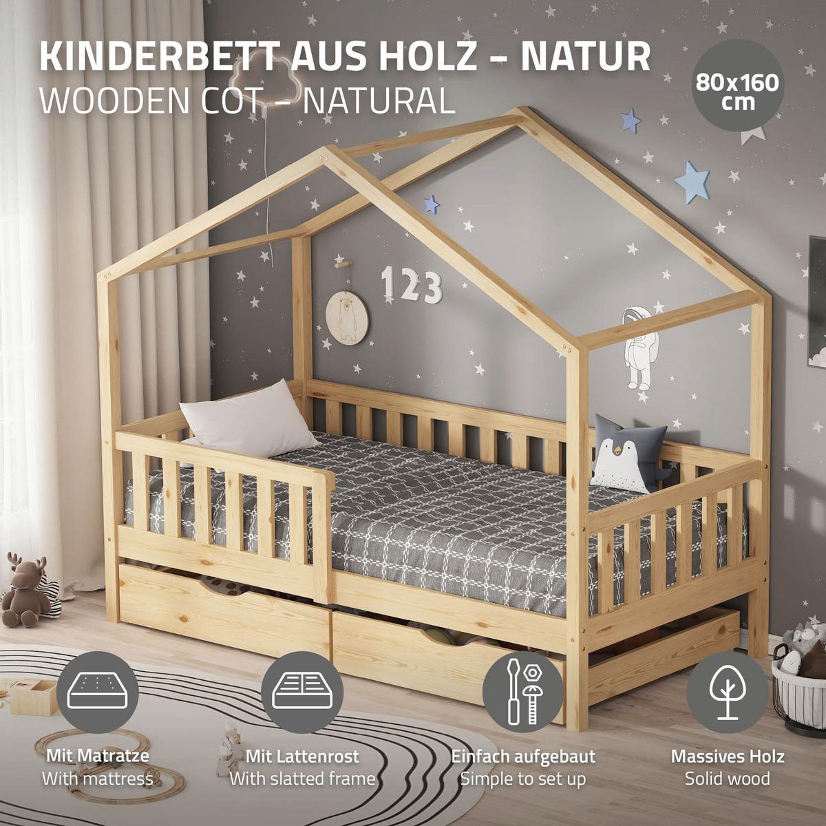 HAUSBETT mit Matratze 80x160 cm und 2 Schubladen Natur aus Kiefernholz - Beige, Holz (80/160cm) - ML-DESIGN