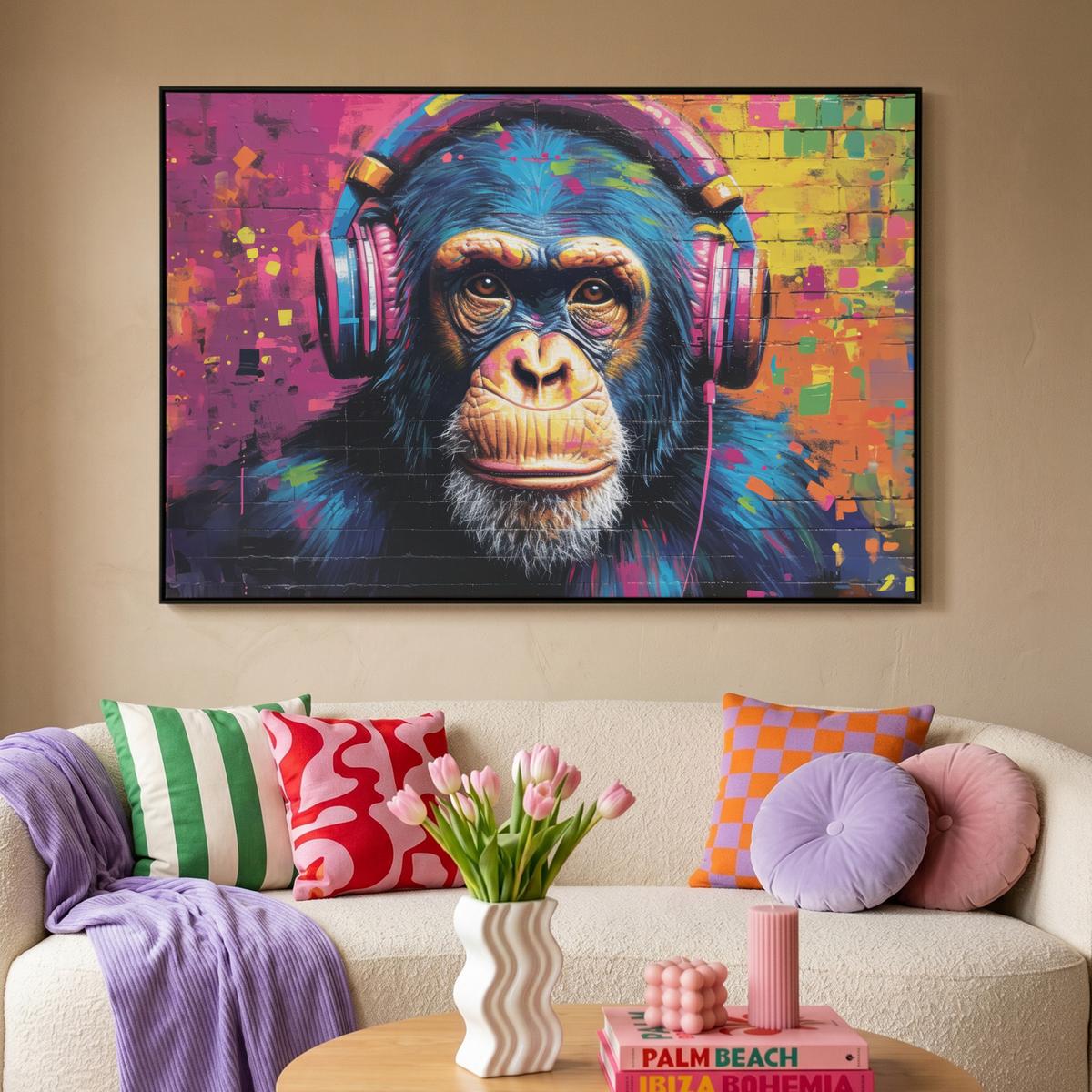 LEINWAND Bilder mit Rahmen - Graffiti - Schimpanse - Straßenkunst - Kopfhörer - Affe - 150x100 - Blau, Textil (150/100cm) - MuchoWow